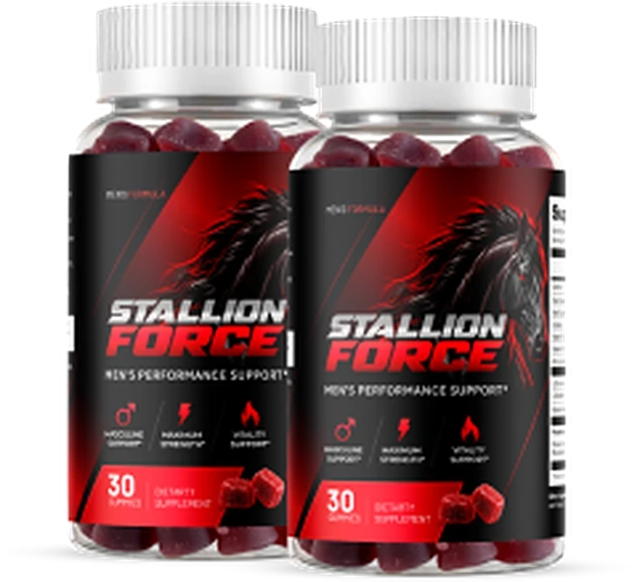Two bottles of Stallion Force men's performance support gummies, 30 gummies per bottle
