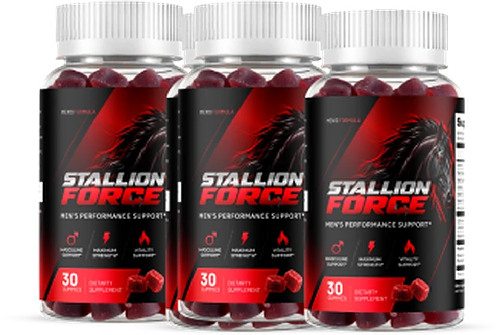Three bottles of Stallion Force men's performance support gummies